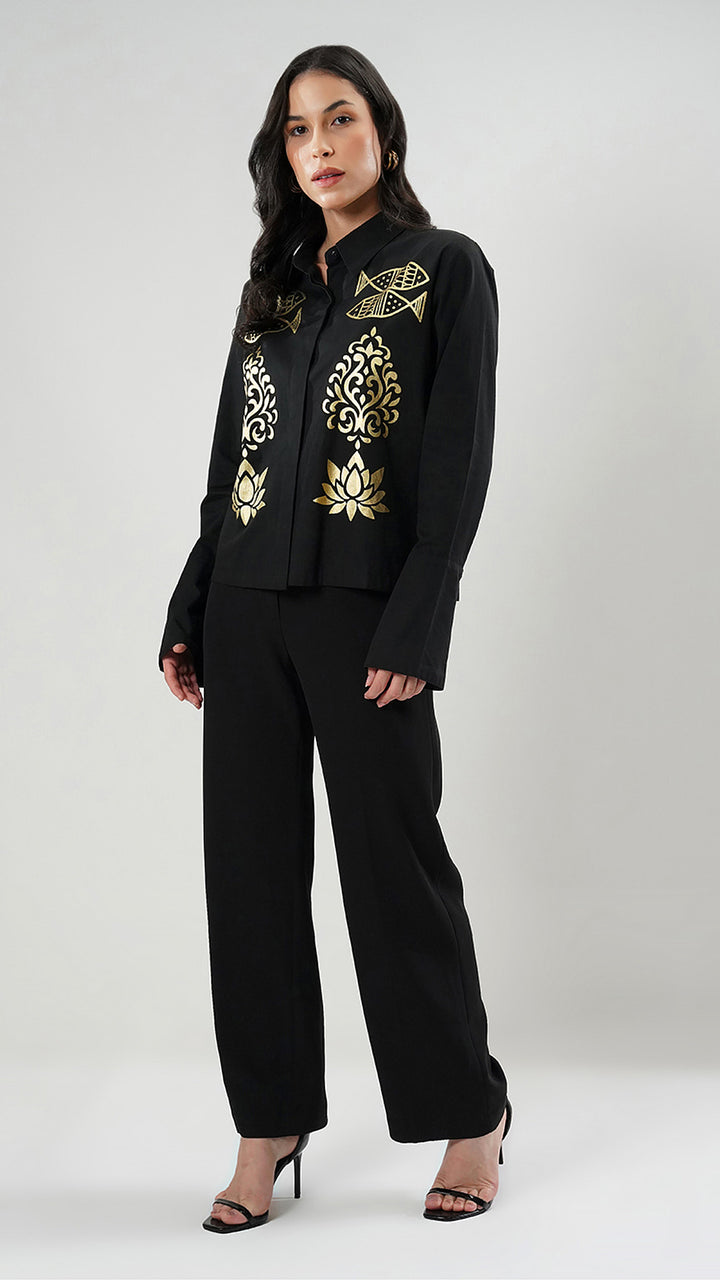 Full front pose of the Boho Black Printed Tailored Shirt