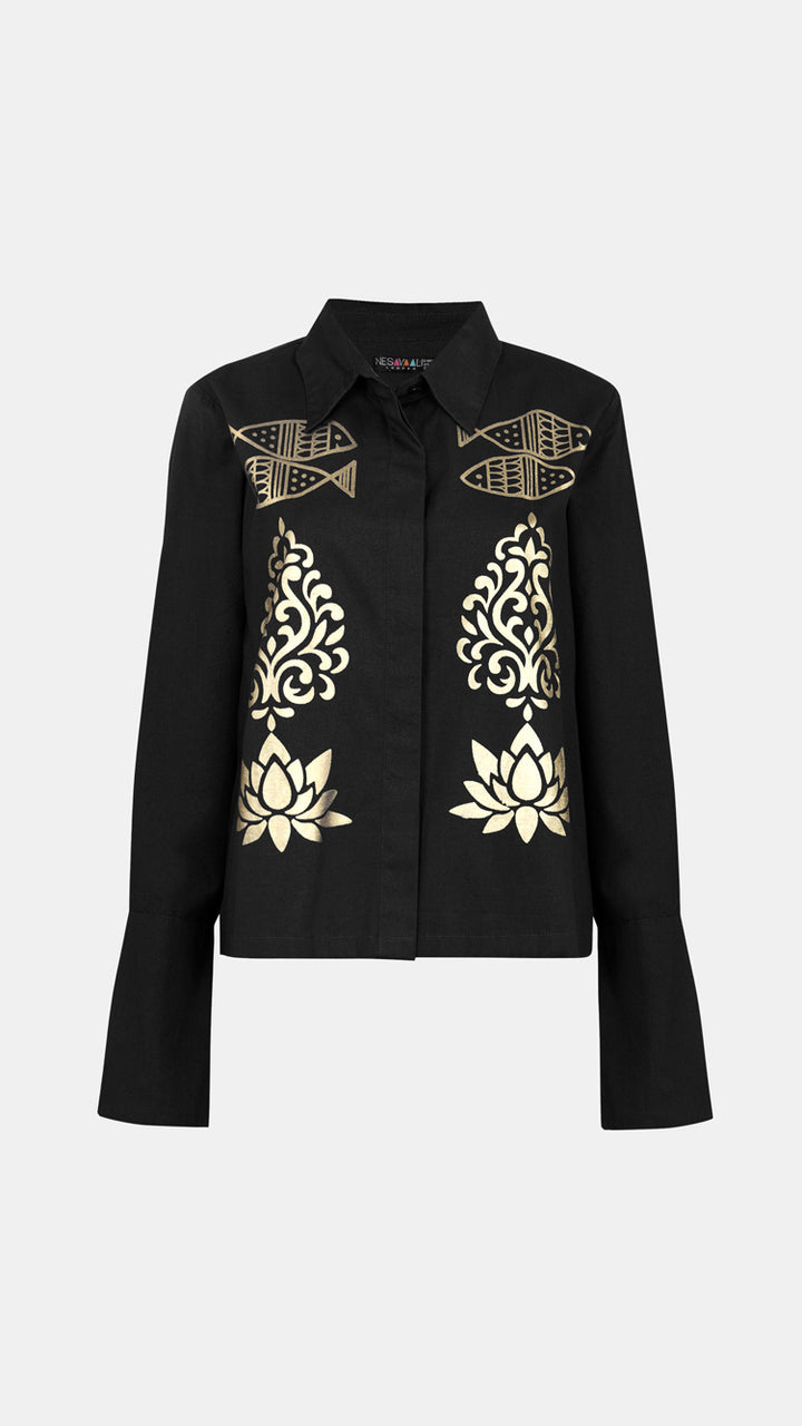 Boho Black Printed Tailored Shirt, emphasizing the design details