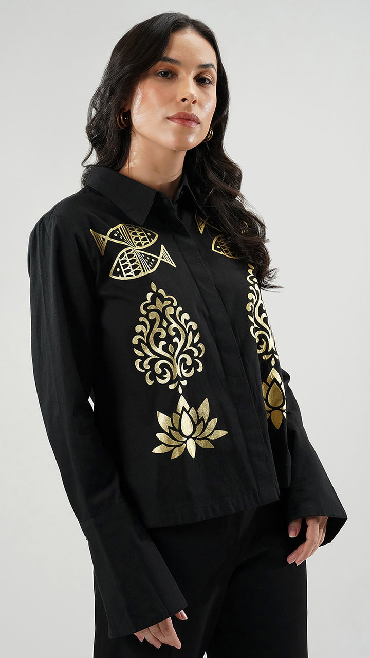 Boho Black Printed Tailored Shirt showcasing the relaxed fit