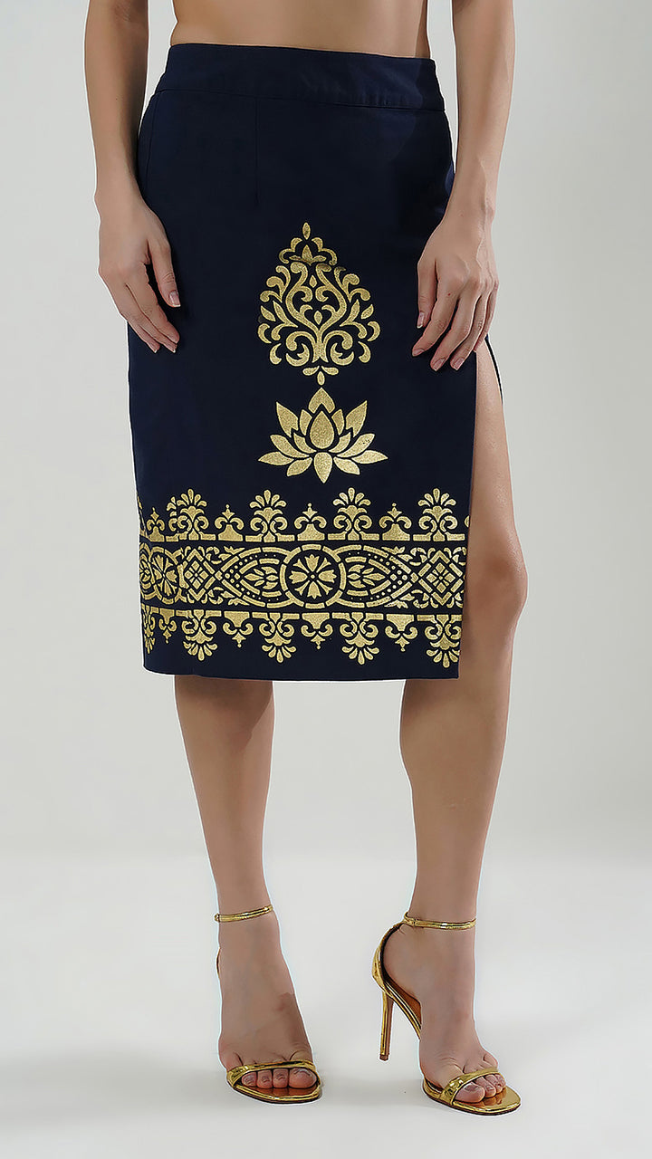 Nesavaali London Cotton Metallic Foil Print Sheath Skirt, emphasizing its sleek design.