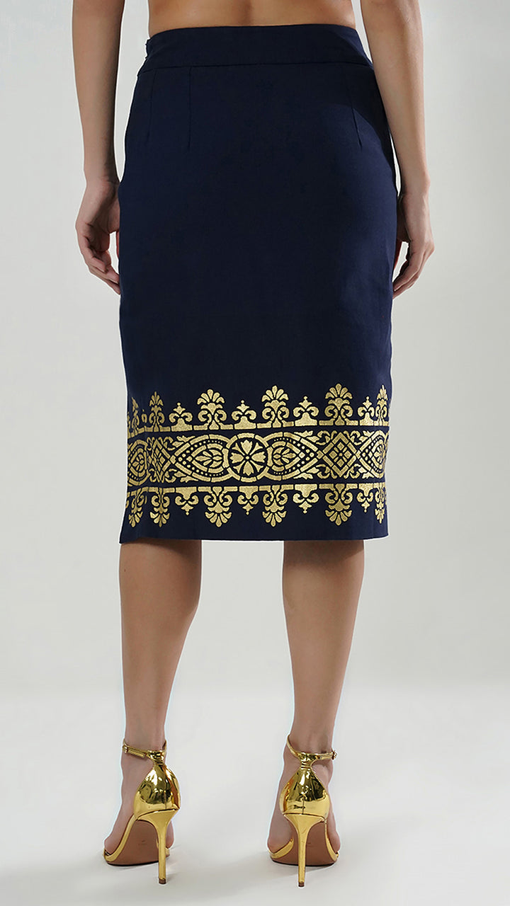 Designer Cotton Metallic Foil Print Sheath Skirt, illustrating its luxurious cotton and stylish design.