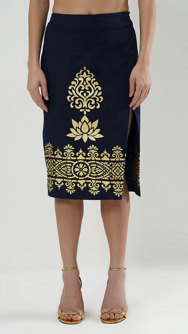 Breathable Ethically produced Cotton Metallic Foil Print Sheath Skirt, illustrating its luxurious cotton and stylish design.