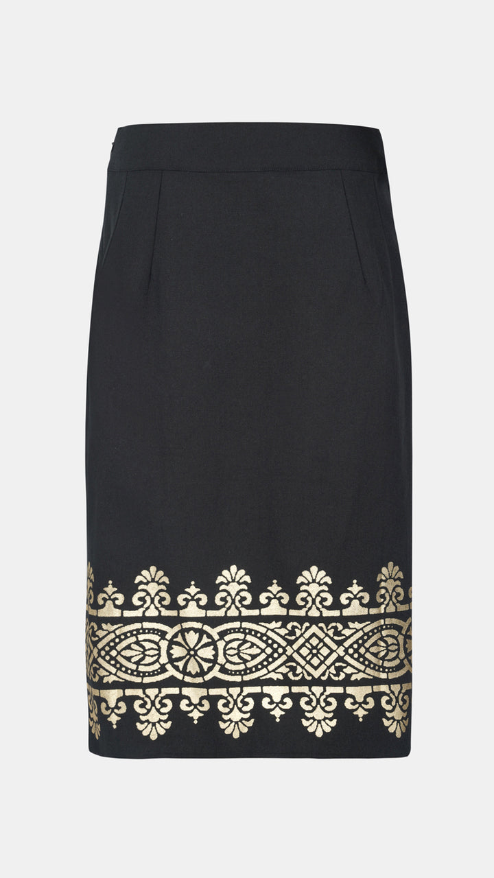 Nesavaali London Black Metallic Printed Sheath Skirt, perfect for those who appreciate sustainable fashion.