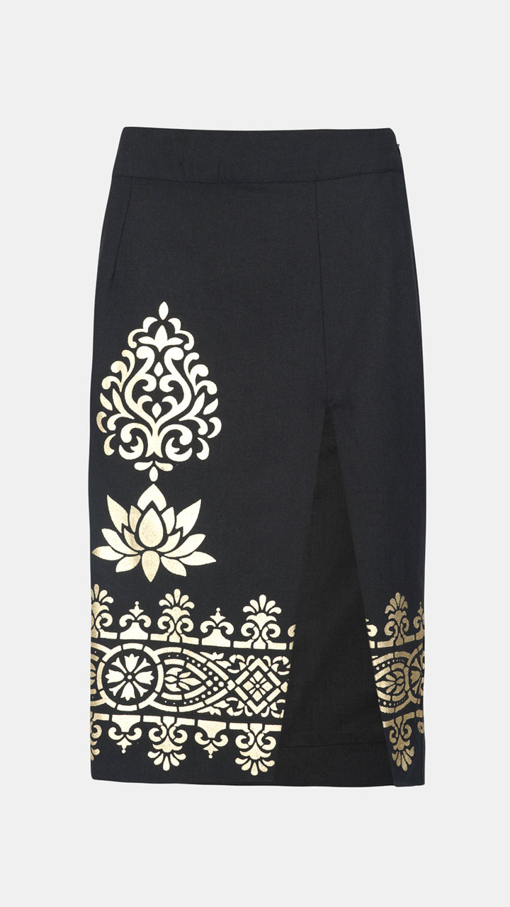 Women's Black Metallic Printed Sheath Skirt, highlighting the chic silhouette from Nesavaali London