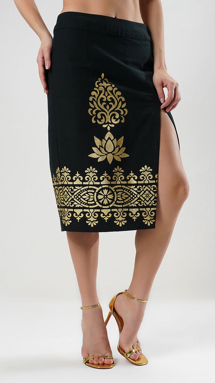 Black Metallic Printed Sheath Skirt, focusing on the gold foil details and fabric quality.