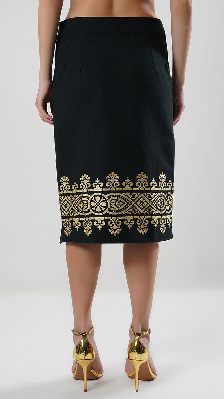 Black Metallic Printed Sheath Skirt, ideal for both office and evening wear.