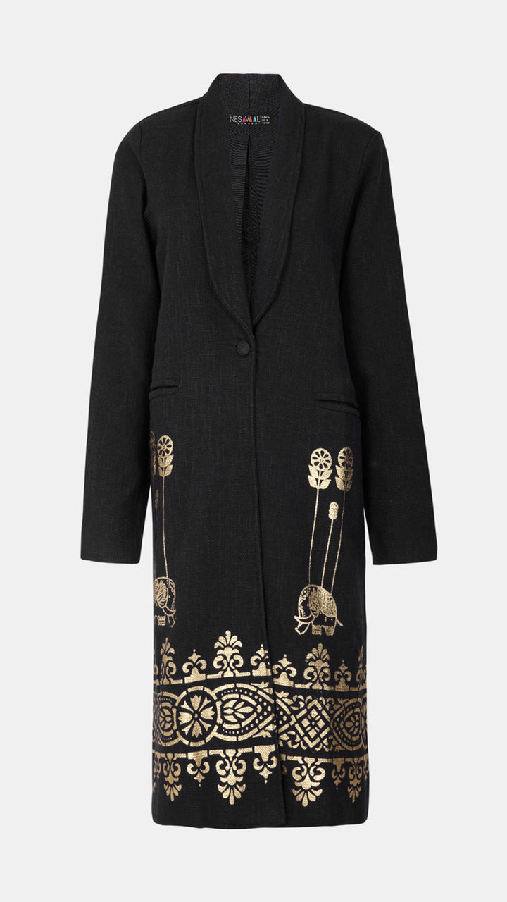 Nesavaali Black Metallic Artisanal Long Coat, highlighting the artisanal craftsmanship.