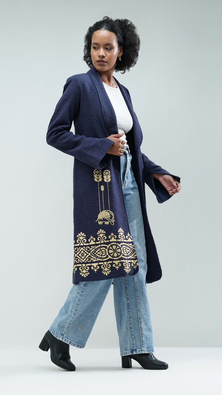 AW24 Handloom Cotton Metallic Print Long Coat by Nesavaali, showcasing its sophisticated design.