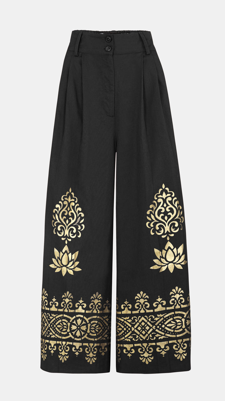 Designer Nesavaali London Screen Printed Black Wide Leg Trousers, highlighting the sophisticated silhouette.