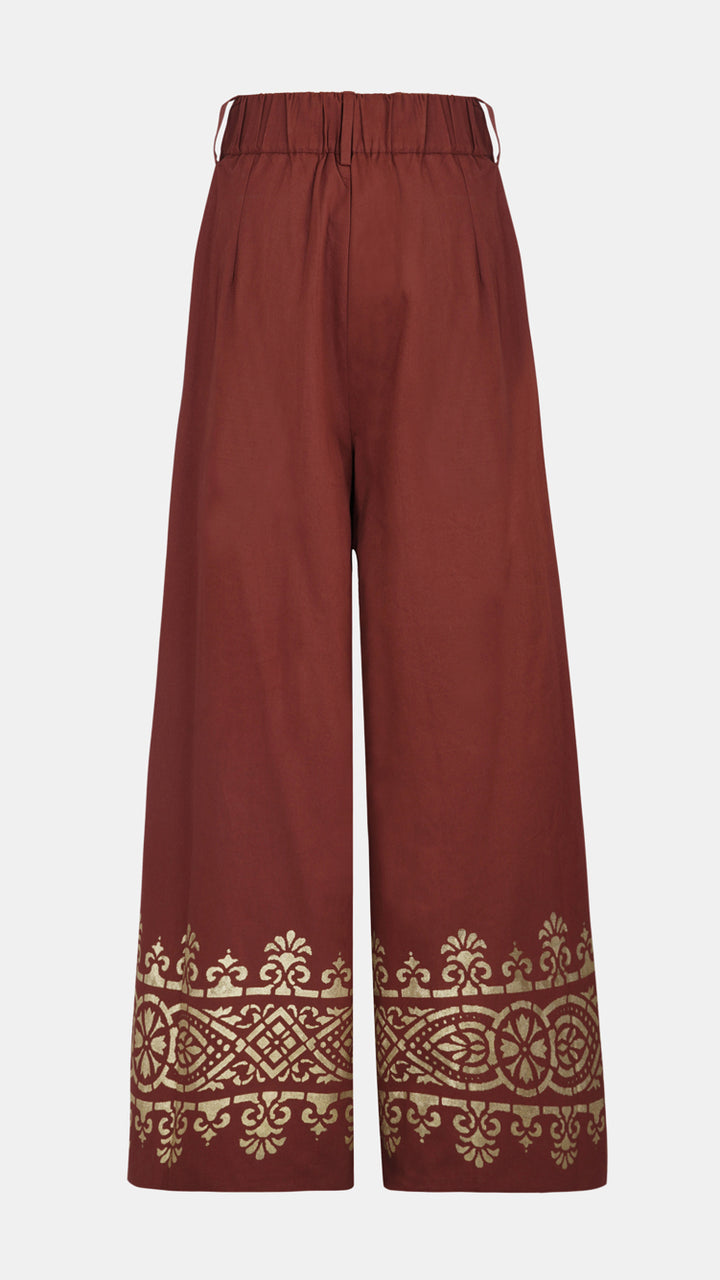 Women's Designer Luxury Metallic Printed Wide Leg Trousers, perfect for those who appreciate sustainable craftsmanship.