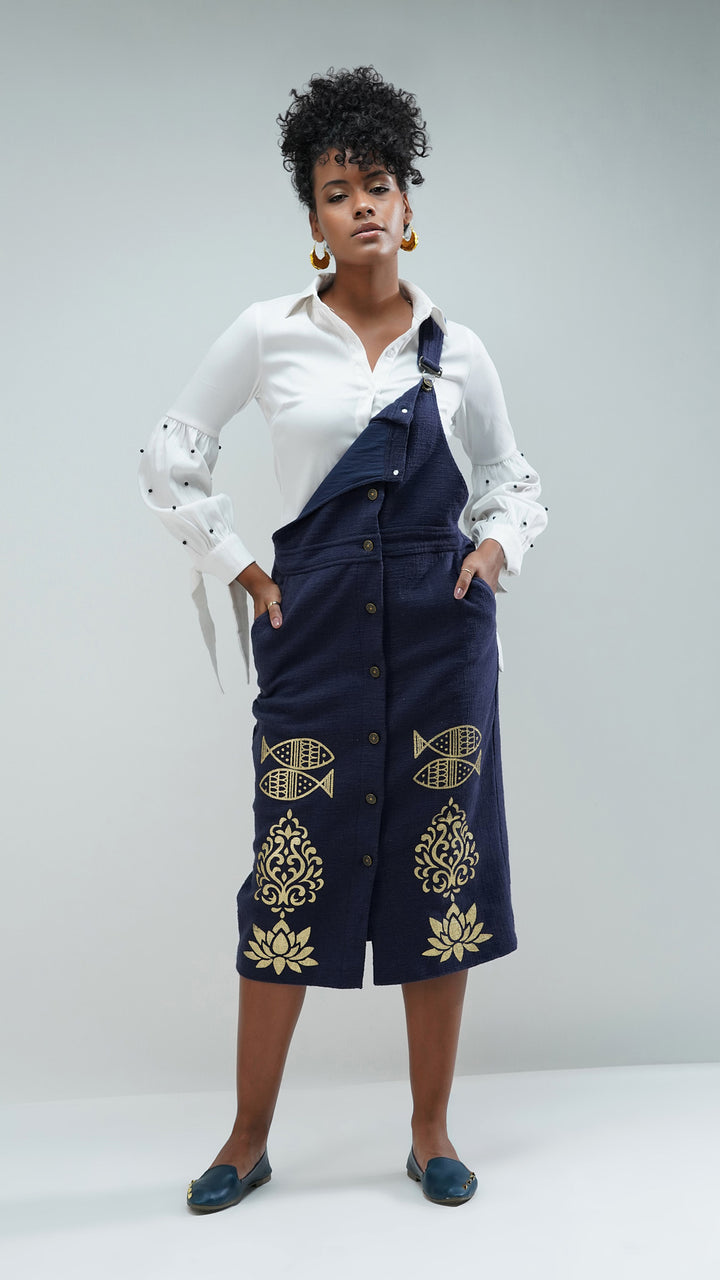 Women's Designer Boho Chic with Luxe Gold Print Dungarees, emphasizing their fitted silhouette.