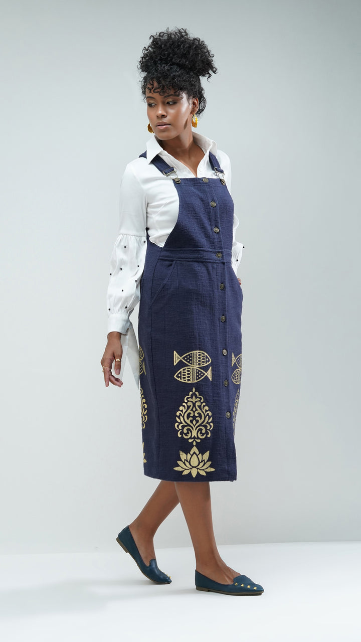 Nesavaali London Women's Boho Chic with Luxe Gold Print Dungarees by Nesavaali, showcasing their stylish design.