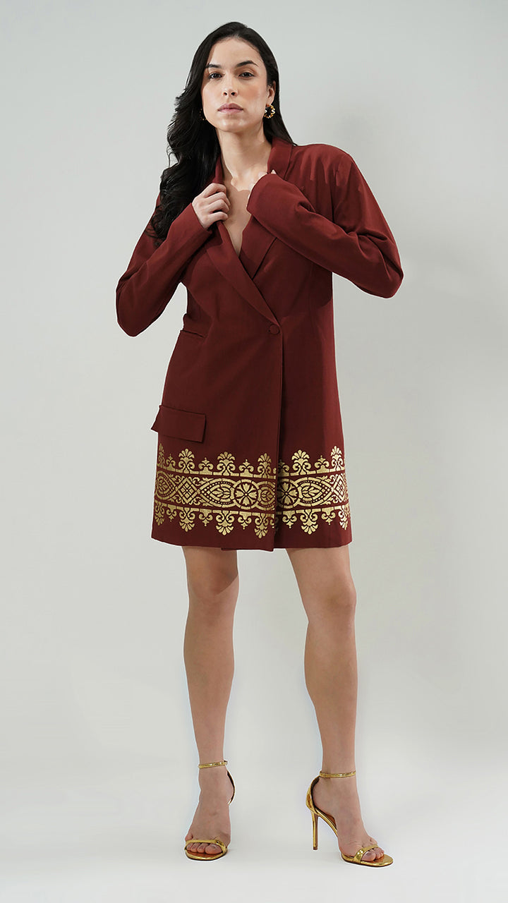 Tailored Nesavaali London Gold Printed Blazer Mini Dress by Nesavaali, showcasing its chic designer style.