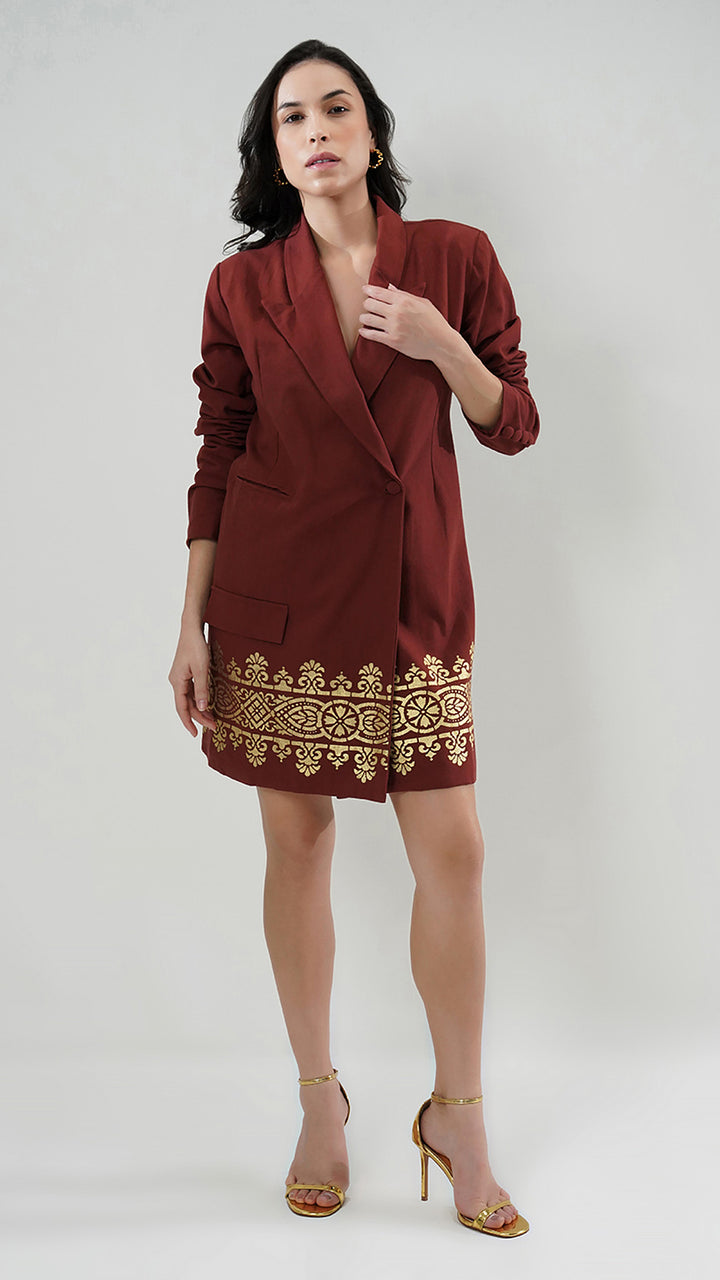 Festive Designer Gold Printed Blazer Mini Dress, styled for a fashionable evening look.