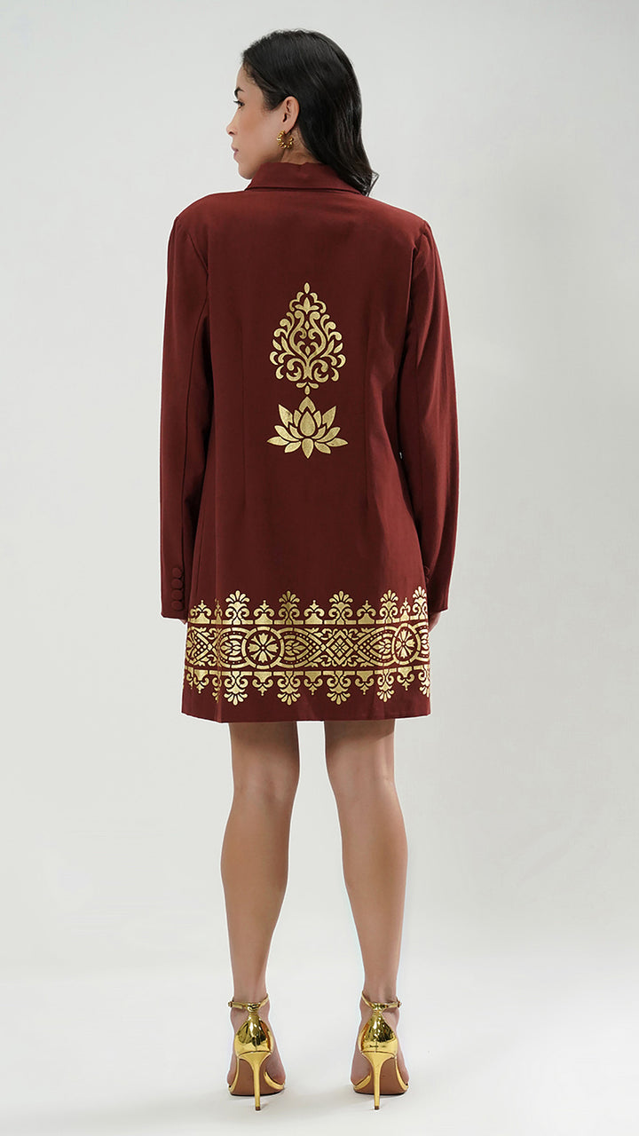 Tailored Gold Printed Blazer Mini Dress, emphasizing its elegant silhouette.