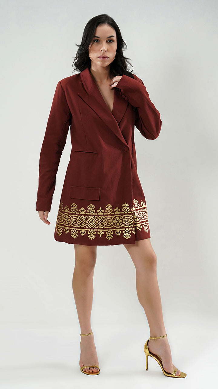 Designer Exclusive Women's Gold Printed Blazer Mini Dress, focusing on the intricate fabric details.