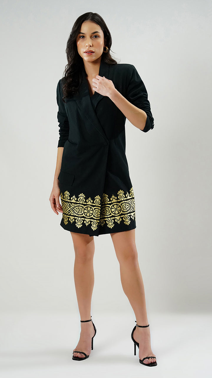 Black Evening Relaxed Fit Printed Blazer Mini Dress, focusing on the intricate prints and quality.