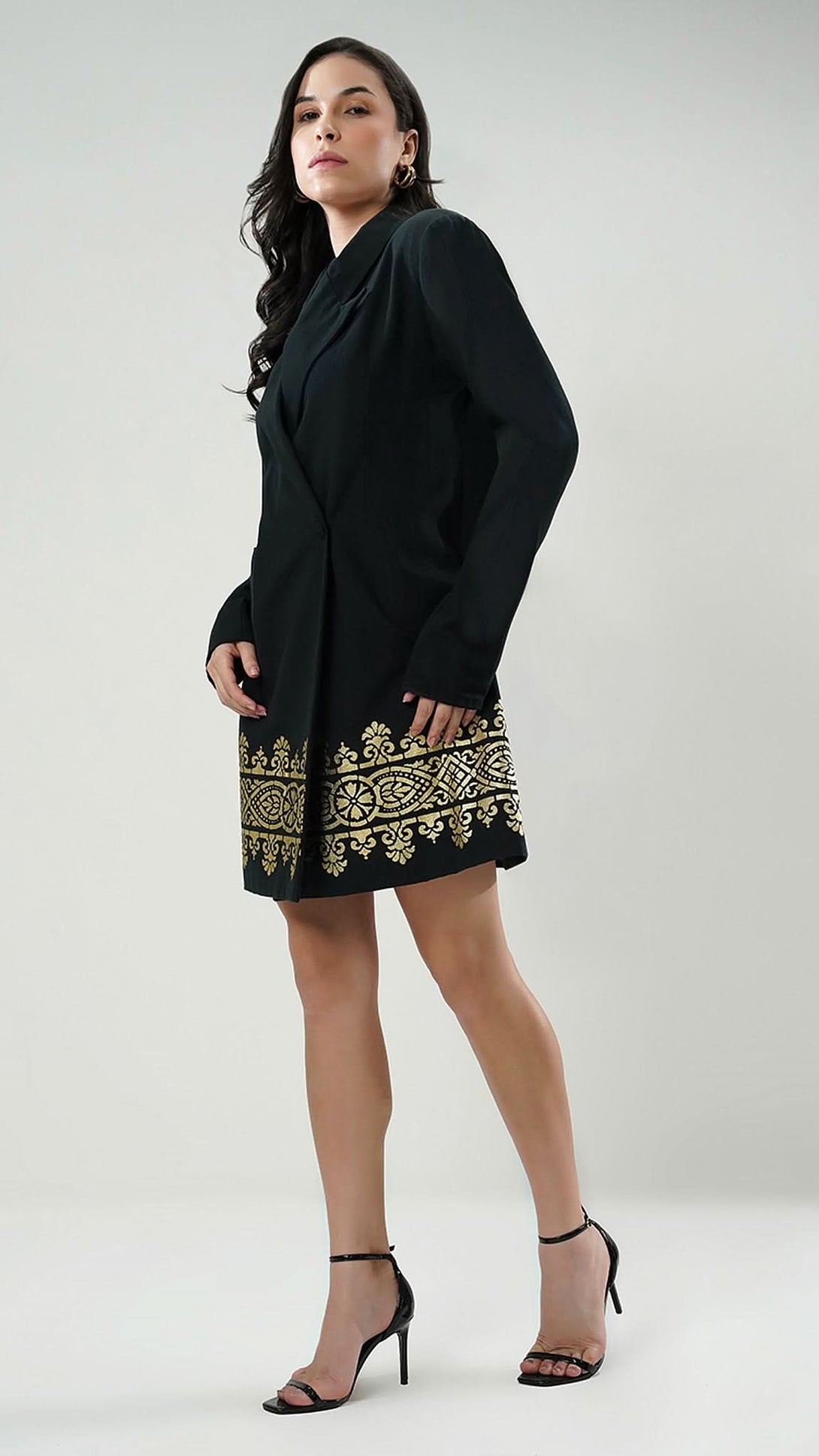 Nesavaali London Relaxed Fit Printed Blazer Mini Dress, emphasizing its modern, boxy silhouette.