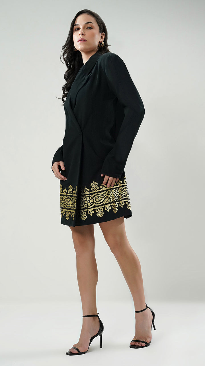 Nesavaali London Relaxed Fit Printed Blazer Mini Dress, emphasizing its modern, boxy silhouette.