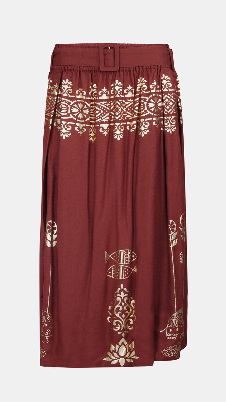 Brown Artisanal Rust Metallic Gold Midi Skirt, highlighting the flared silhouette.