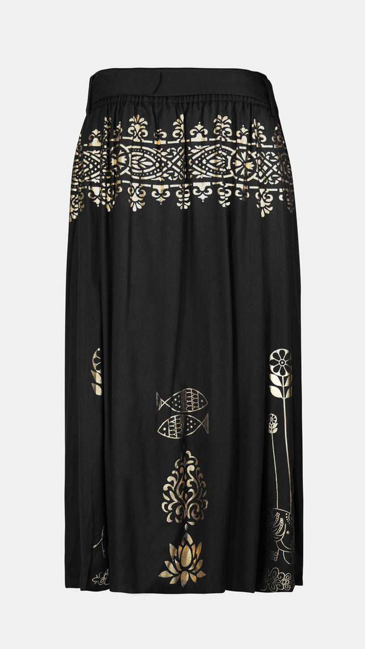 Handmade Women's Metallic Gold Printed Midi Skirt, perfect for sustainable fashion enthusiasts.