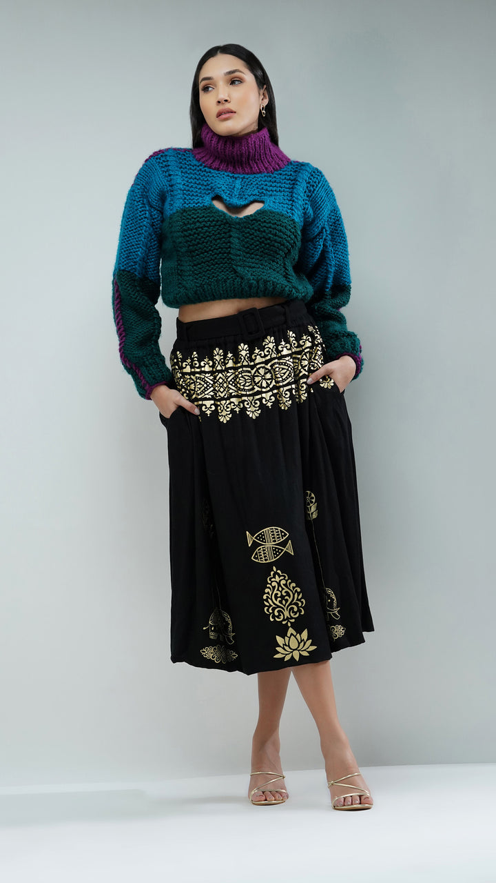 Casual Designer Metallic Gold Printed Midi Skirt, focusing on the intricate fabric and gold details.