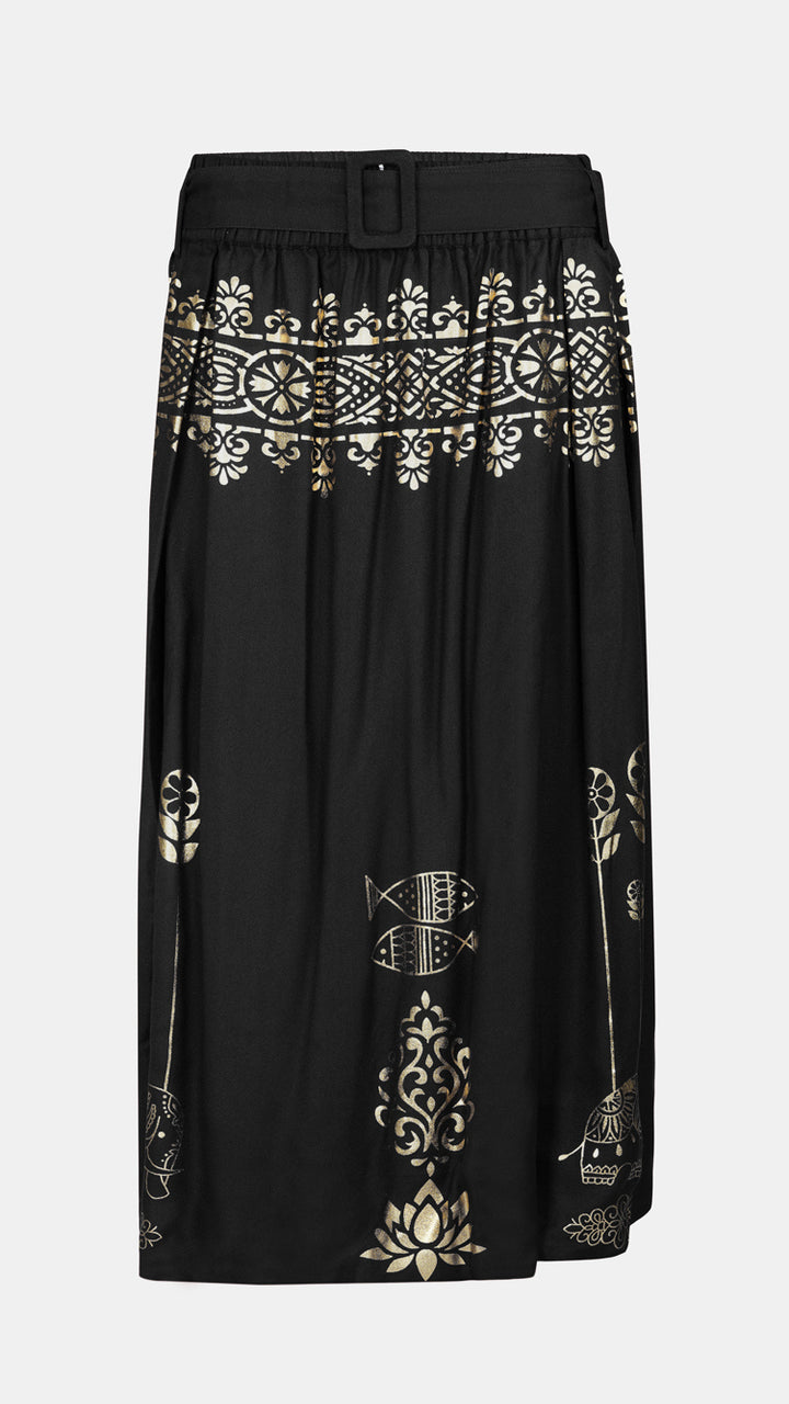 Evening Occasion Women's Metallic Gold Printed Midi Skirt, highlighting the flared silhouette.