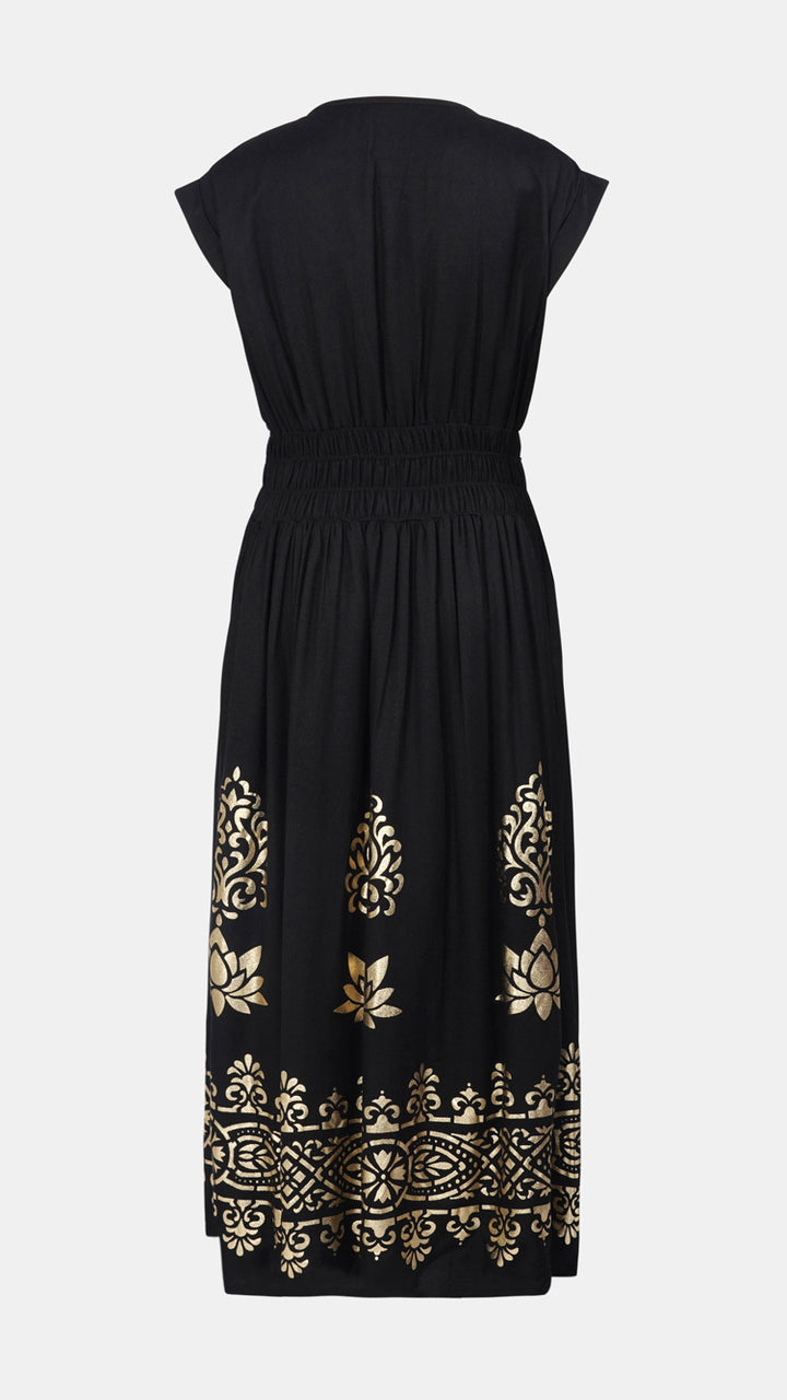 Cinch waist Black maxi dress - handcrafted with gold foil printed suitable for occasion 