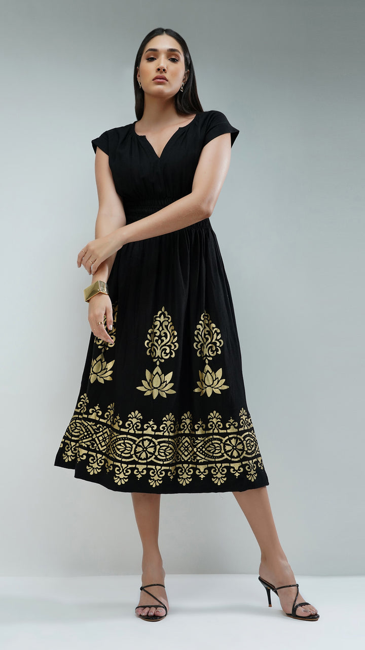 Sustainable Designer Maxi ethically produced with Gold foil printing 