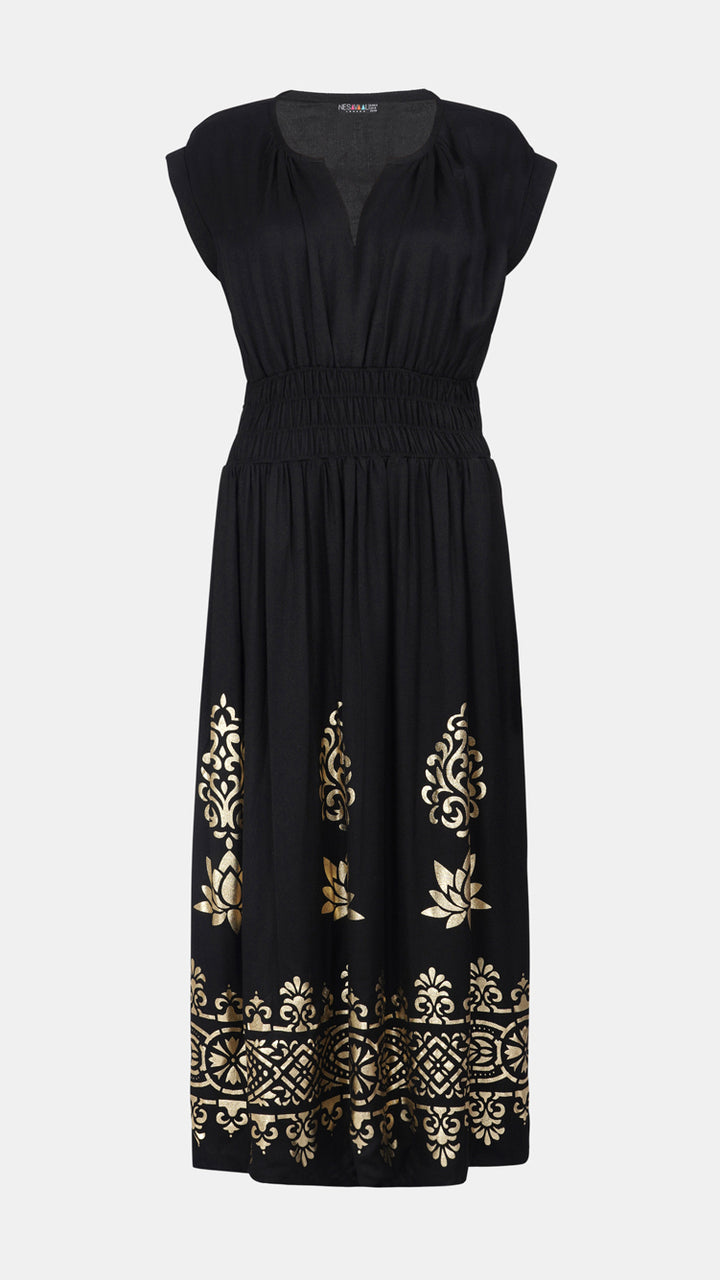 Black And gold printed Maxi Dress from Nesavaali London 