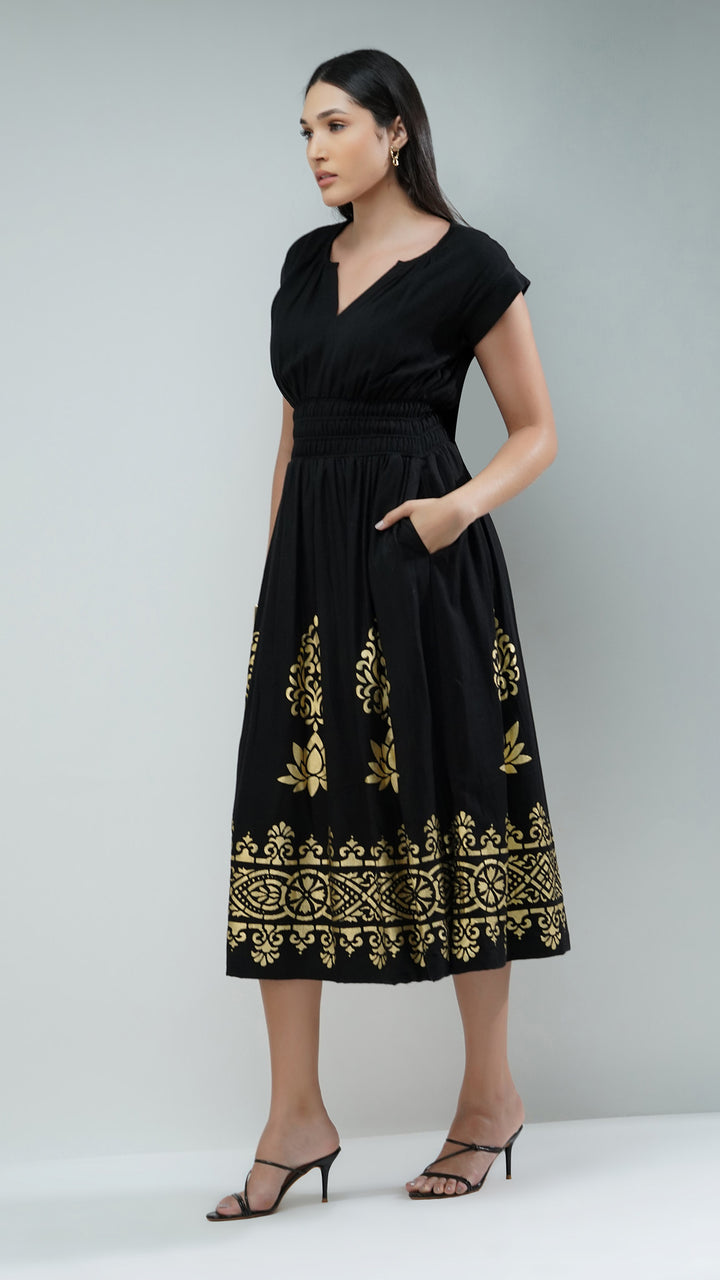 Open V neck Maxi with cinched waist suitable for all Body types from Nesavaali London 