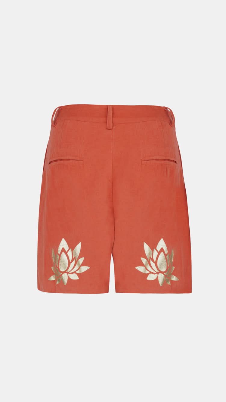 Nesavaali's back of the Rust Corduroy Tailored Shorts