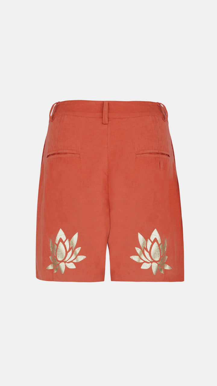 Nesavaali's back of the Rust Corduroy Tailored Shorts