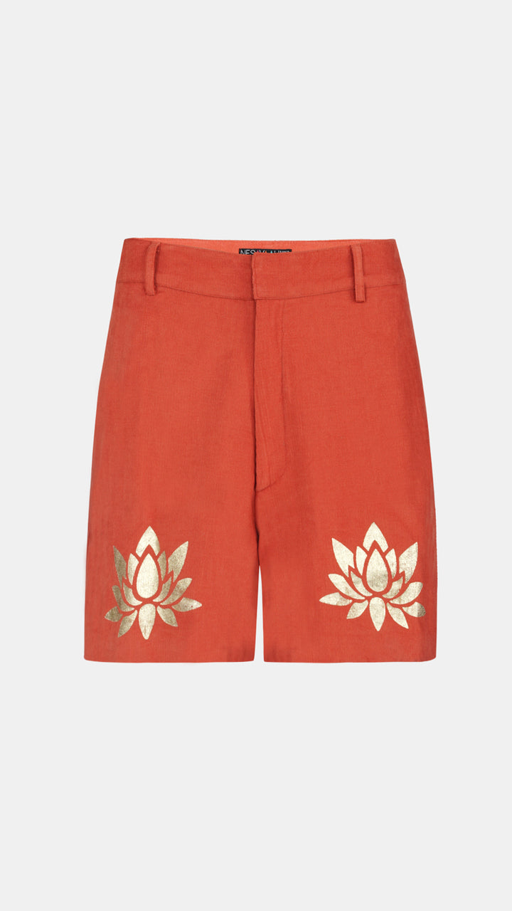 Nesavaali's front of the Rust Corduroy Tailored Shorts