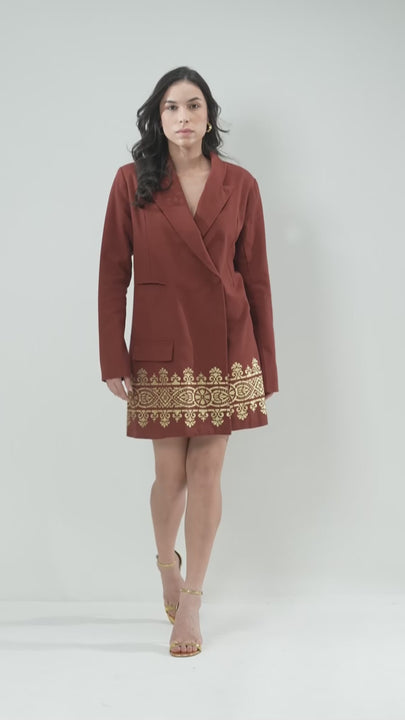 Nesavaali AW24 Gold Printed Blazer Mini Dress, illustrating its luxurious cotton and unique style.