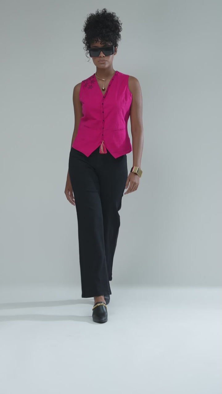 Nesavaali Women's Pink Handmade Tailored Waistcoat, illustrating its luxurious cotton details.