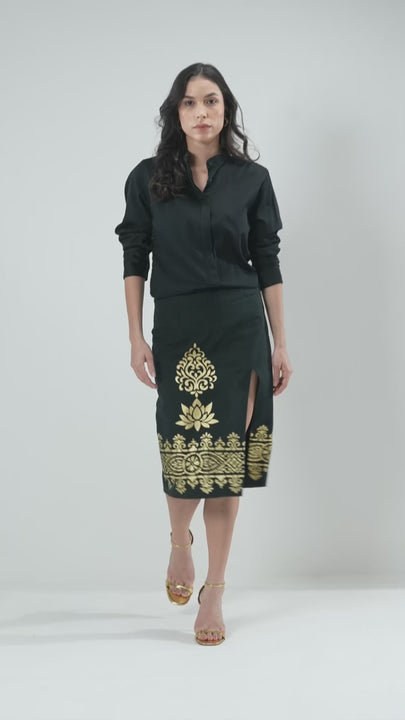 Women's Designer Nesavaali London Black Metallic Printed Sheath Skirt, illustrating the luxurious cotton and stylish design.