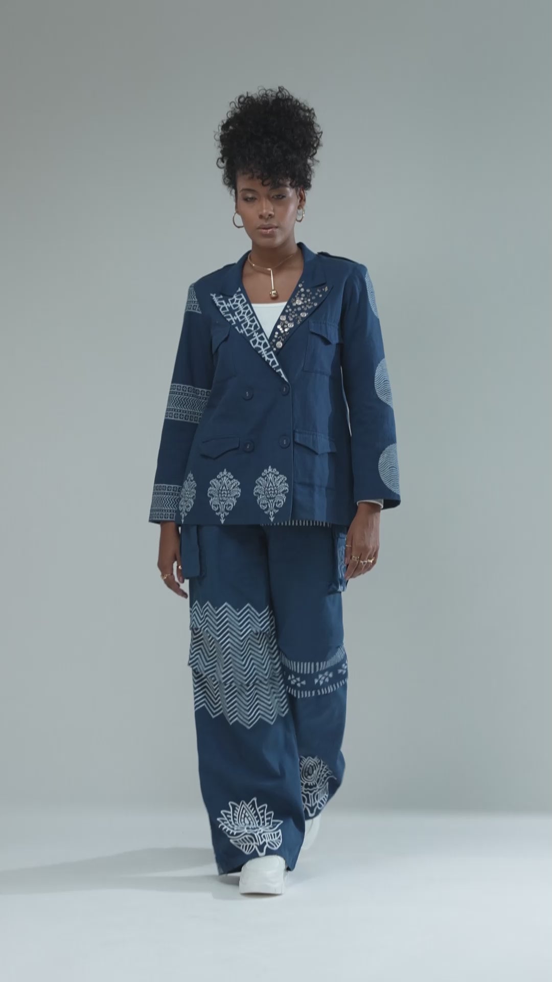 Nesavaali Navy Hand Block Printed Wide Leg Cargo Trousers, illustrating their soft cotton and stylish silhouette.