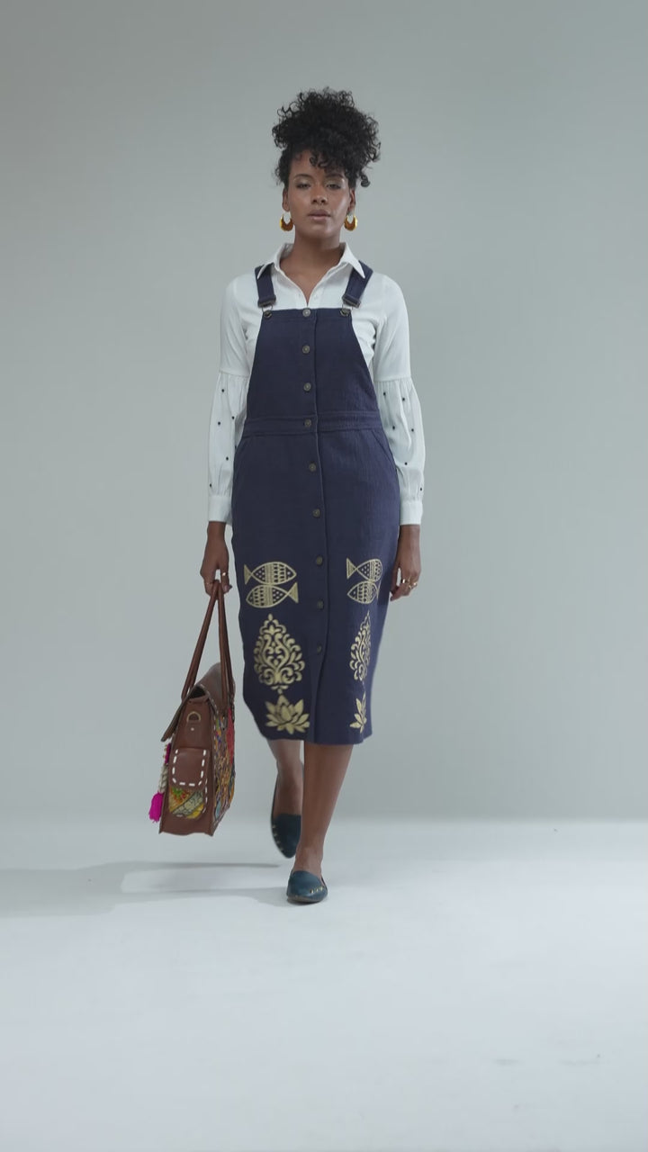 Women's Designer Boho Chic with Luxe Gold Print Dungarees, illustrating the quality cotton and unique style.