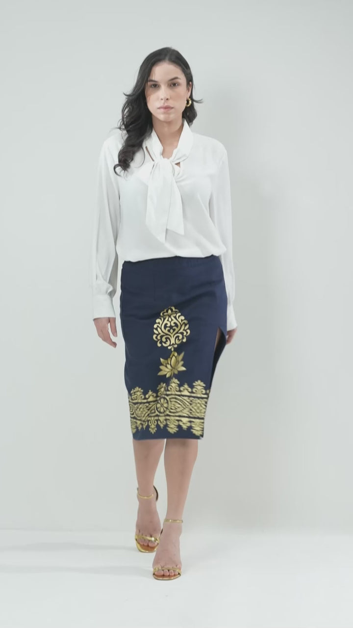 Designer Cotton Metallic Foil Print Sheath Skirt, ideal for both office and evening wear.