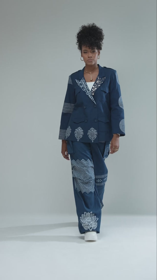 Navy Relaxed Fit Printed Blazer, highlighting the artisanal craftsmanship.