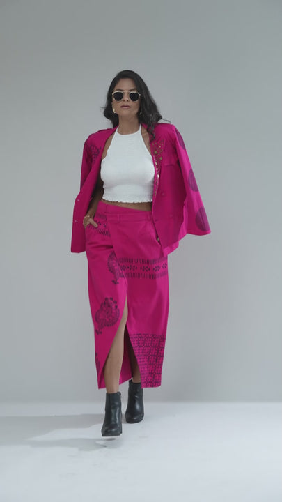 Nesavaali's Pink Wrap Over Printed Maxi Skirt, illustrating its flowy silhouette and premium cotton.