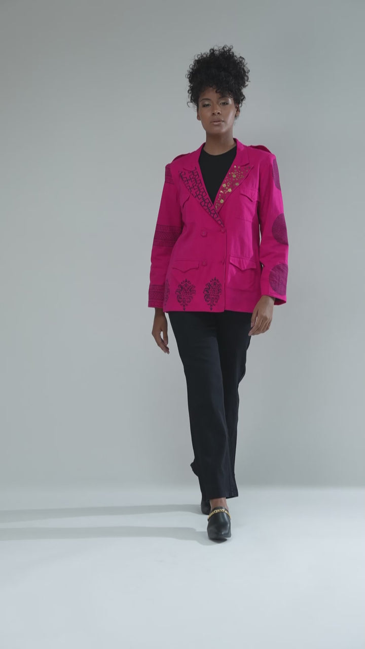 Nesavaali Pink Relaxed Fit Printed Blazer, illustrating the luxurious cotton craftsmanship.