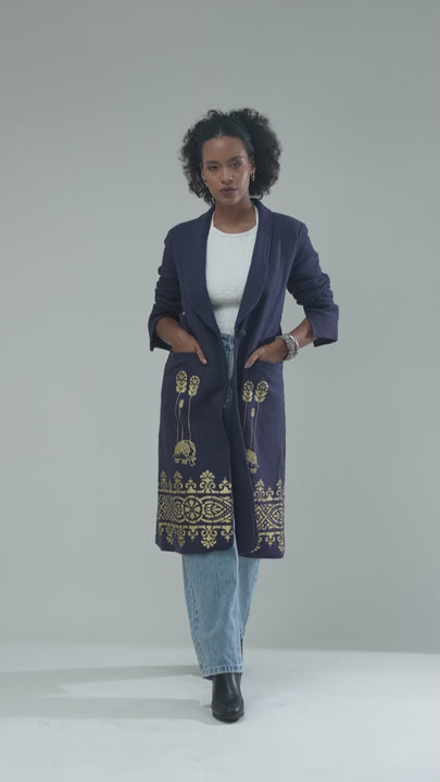 Nesavaali London Handloom Cotton Metallic Print Long Coat, illustrating its luxurious fabric and unique style.